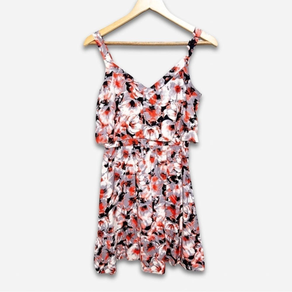 Parker gray floral silk ruffle flutter mini dress size xs